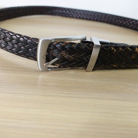 Braided Belt Mens Size 38 Brown Leather Large Casual Jeans Reversible Buckle NAF - Picture 1 of 12